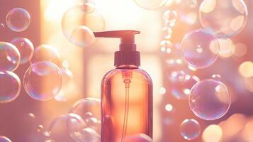 A clear bottle with a pump stands prominently in a bright setting. Bubbles float around, capturing the essence of spring cleaning. photo