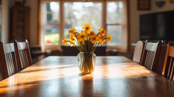 A vase filled with vibrant yellow flowers sits at the center of a well-polished wooden dining table. Sunlight streams through large windows, illuminating the inviting space during spring cleaning. photo