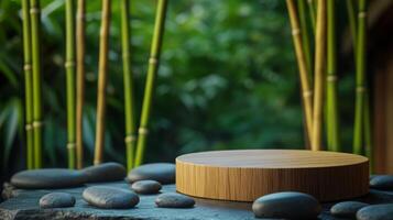 A serene outdoor area showcases a wooden podium surrounded by smooth stones and vibrant bamboo stalks. This spring setting creates a peaceful atmosphere for showcasing art or products. photo