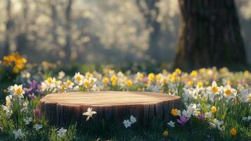 A wooden podium stands in a spring meadow adorned with colorful flowers including daisies and daffodils. Sunlight filters through trees, creating a serene atmosphere perfect for outdoor events. photo