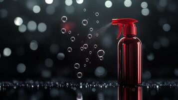A vibrant red spray bottle releases fine mist and soap bubbles into the air, creating a playful atmosphere. The background features soft bokeh highlights, enhancing the spring cleaning vibe. photo