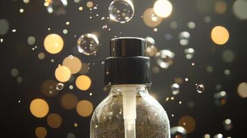A bottle of freshening spray sits on a surface, surrounded by shimmering bubbles and soft, warm bokeh lights. The scene captures the essence of spring cleaning, evoking freshness and renewal. photo