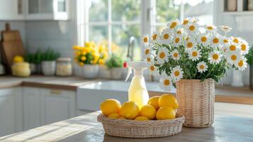 A clean kitchen showcases a basket of fresh lemons and a vase of daisies on a countertop. Sunlight streams in through large windows, creating a cheerful atmosphere perfect for spring cleaning. photo