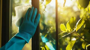 Hands in blue rubber gloves clean a window in a sunlit setting, surrounded by green foliage. This spring cleaning combines traditional methods with modern AI technology for efficiency. photo
