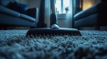 A person actively vacuuming a textured carpet in a cozy living room during spring cleaning, with sunlight filtering through windows and a serene atmosphere enhancing the tidying process. photo