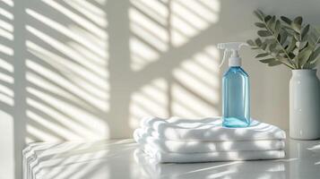A blue spray bottle sits atop neatly stacked white towels, illuminated by soft sunlight filtering through striped shadows. A small plant adds a touch of greenery to the tidy arrangement. photo