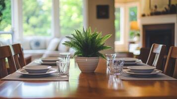 A bright dining area features a wooden table set for meals, showcasing white dishes and clear glasses. A green fern adds freshness, enhancing the inviting atmosphere for gatherings. photo