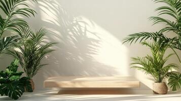 A polished wooden podium stands ready for a presentation, illuminated by soft light. Tropical plants frame the setup, embodying a refreshing spring atmosphere suitable for an AI-related gathering. photo