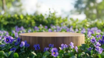 A wooden podium stands amidst a lush meadow filled with blooming purple flowers on a bright spring day. Sunlight filters through the trees, creating a serene atmosphere ideal for gatherings. photo