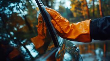 A person cleans the window of a car using a cloth while wearing bright orange gloves. The setting features a backdrop of lush greenery and soft sunlight filtering through the trees during spring. photo