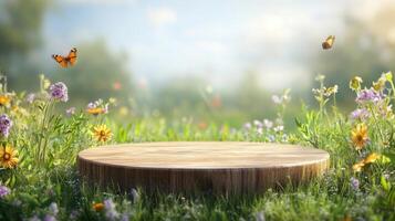 A wooden podium stands amidst a colorful array of flowers in full bloom during spring. Butterflies flutter around, highlighting the serene beauty of nature on a sunny day. photo