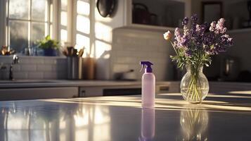 A kitchen is illuminated by sunlight, featuring a glass vase of fresh flowers and a spray bottle on the countertop, symbolizing the refreshing spirit of spring cleaning. photo