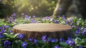 A natural podium made of wood sits amidst a lush greenery adorned with beautiful purple flowers in springtime. Sunlight filters through the trees, creating a tranquil atmosphere. photo