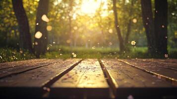Sunlight breaks through the branches of trees during a vibrant spring day, illuminating a wooden podium surrounded by blooming flowers. The atmosphere is serene, inviting calmness and reflection. photo