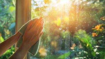 Hands gently wipe a foggy window as sunlight streams through, illuminating the vibrant greenery outside. The scene captures the essence of spring cleaning and a fresh start. photo