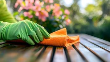 A person in green gloves cleans a wooden table with an orange cloth during spring. Colorful flowers bloom in the background, highlighting a sunny, vibrant outdoor setting filled with life. photo