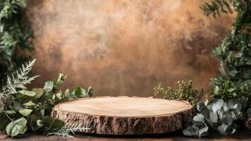 This spring-inspired podium is adorned with fresh greenery, creating a vibrant atmosphere. The natural wood base adds an organic touch, perfect for presentations or displays in a lively setting. photo