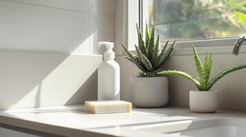 Bright sunlight streams through a window onto a clean kitchen counter with a white soap dispenser, a bar of soap, and vibrant green plants, creating a refreshing atmosphere for spring cleaning. photo