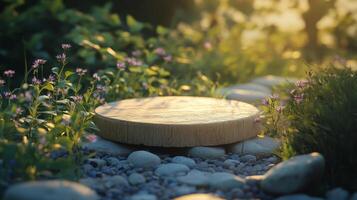 A wooden podium rests on a pebble pathway adorned with vibrant spring flowers. Soft sunlight filters through the foliage, creating a tranquil atmosphere ideal for outdoor gatherings or reflection. photo
