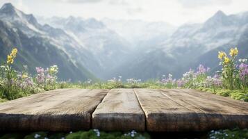 A wooden podium is positioned in a vibrant spring setting surrounded by colorful flowers and majestic mountains. The atmosphere is peaceful, perfect for presentations or events in nature. photo