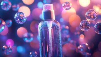 AI-powered spring cleaning tools enhance the cleaning experience with efficiency and ease. Colorful bubbles surround a sleek spray bottle, illustrating the freshness of a clean environment. photo