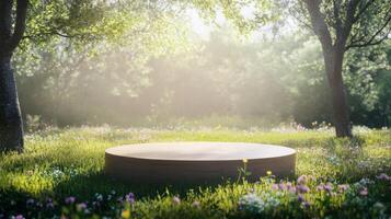 A wooden podium sits peacefully in a vibrant spring park, enveloped by tall grasses and colorful flowers. photo
