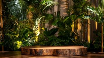 A natural wooden podium is positioned in front of vibrant foliage, creating an inviting and innovative atmosphere for a spring event focused on artificial intelligence technology. photo