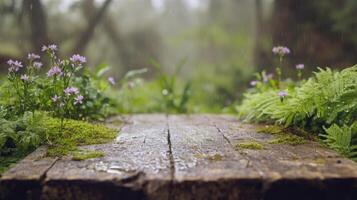 A wooden podium stands in the heart of a misty forest, adorned with delicate purple flowers and surrounded by lush ferns. photo