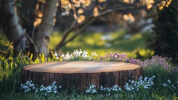 A wooden podium rests among vibrant spring flowers, including snowdrops and crocuses, in a sunlit garden. The scene is filled with fresh greenery and soft blooming trees, evoking tranquility. photo