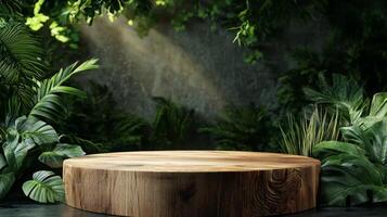 A wooden podium sits in a vibrant spring setting, surrounded by rich green foliage. Gentle sunlight filters through the leaves, creating a tranquil atmosphere ideal for presentations or displays. photo