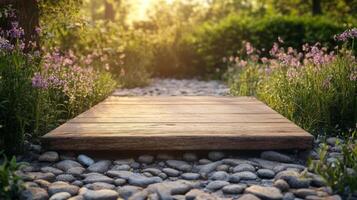 A podium made of wood rests along a stone pathway, framed by vibrant wildflowers in full bloom. The soft sunlight filters through trees, creating a serene atmosphere in the springtime landscape. photo