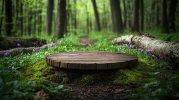 A wooden podium sits on a mossy platform amidst a tranquil forest in spring. Colorful wildflowers bloom around the base, creating a serene and enchanting atmosphere. photo
