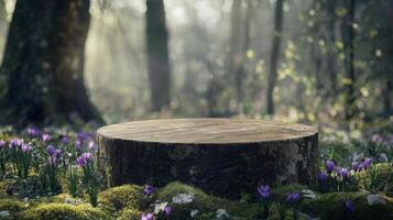 A wooden podium rests in a serene forest clearing during spring. Purple flowers spring up around it as sunlight filters through the trees, creating a tranquil and inviting atmosphere. photo