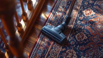 A vacuum cleaner rests on an intricate rug as sunlight filters through a nearby railing, creating a warm atmosphere. This moment captures the essence of spring cleaning in a cozy setting. photo