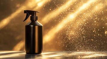 A sleek black spray bottle stands prominently on a surface while golden sunlight filters through, creating a sparkling mist in the air, perfect for spring cleaning activities. photo