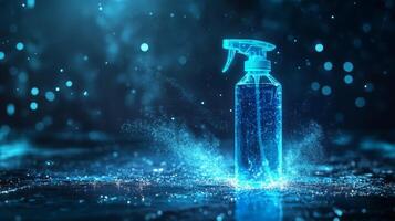 A glimmering spray bottle filled with cleaning solution stands prominently amidst a backdrop of sparkling lights and water droplets. photo