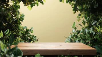 A wooden podium rests amidst vibrant green foliage, symbolizing new beginnings in spring. The soft background enhances the natural atmosphere, inviting inspiration and creativity. photo