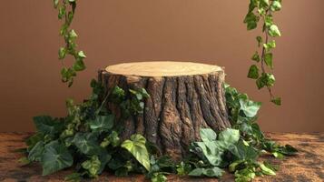 A wooden podium made from a tree stump is adorned with vibrant green ivy and foliage. The setting reflects a fresh spring atmosphere, ideal for showcasing nature-themed presentations or events. photo