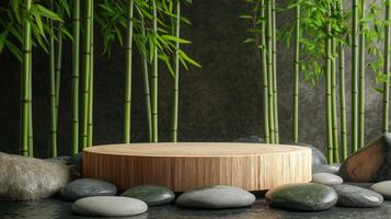 A circular bamboo podium rests gently on a bed of smooth stones. Tall bamboo shoots create a tranquil atmosphere, enhancing the calmness of this spring setting with natural elegance. photo