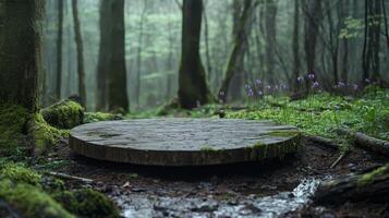 A circular podium rests on the forest floor, partially covered in moss, amidst tall trees and delicate flowers. The serene atmosphere captures the beauty of spring in this quiet woodland space. photo