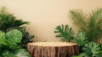 A vibrant setting for a spring event features a wooden podium made from a tree stump, surrounded by lush green plants and tropical leaves, creating a refreshing and inviting atmosphere. photo