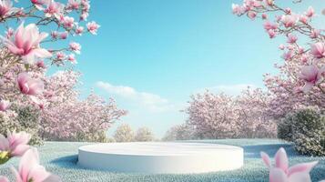 A circular podium stands amidst a field of vibrant pink flowers under a clear blue sky. The scene captures the essence of spring, with blossoms swaying gently in the warm breeze. photo
