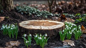 A round tree stump serves as a natural podium in a garden, surrounded by blooming snowdrop flowers and lush green foliage. The scene captures the essence of spring's renewal. photo