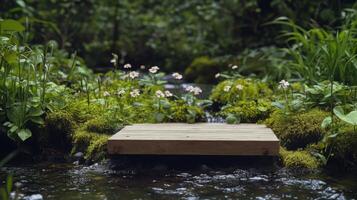 A wooden podium sits amid vibrant green foliage and delicate flowers during spring. Water gently flows around the podium, creating a peaceful and tranquil natural environment. photo