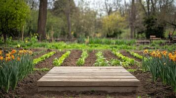A wooden podium stands in a lush garden during spring, surrounded by blooming flowers and neatly arranged rows of green plants. Nature bursts with color, inviting engagement and inspiration. photo