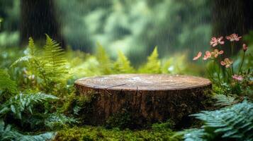 A natural podium made of a tree stump stands in a lush spring forest, surrounded by vibrant green ferns and delicate flowers. Soft rain falls gently, enhancing the serene atmosphere. photo