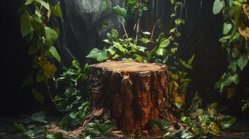 In a spring-themed setting, a rustic tree stump stands at the center, surrounded by lush green foliage. Natural light highlights the intricate details of the plants, showcasing the beauty of nature. photo