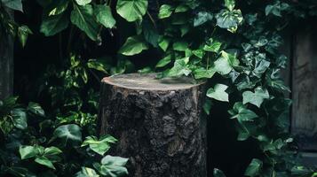 A wooden podium stands amidst vibrant green ivy, showcasing AI innovations. The setting is serene, emphasizing the intersection of nature and technology in a spring ambiance. photo