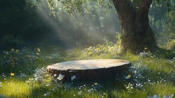A circular podium made of wood sits in a tranquil forest clearing surrounded by blooming wildflowers. Sunlight filters through the trees, creating a peaceful atmosphere perfect for spring gatherings. photo