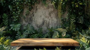 In a vibrant spring setting, a wooden podium stands prominently against a backdrop of lush green foliage. photo